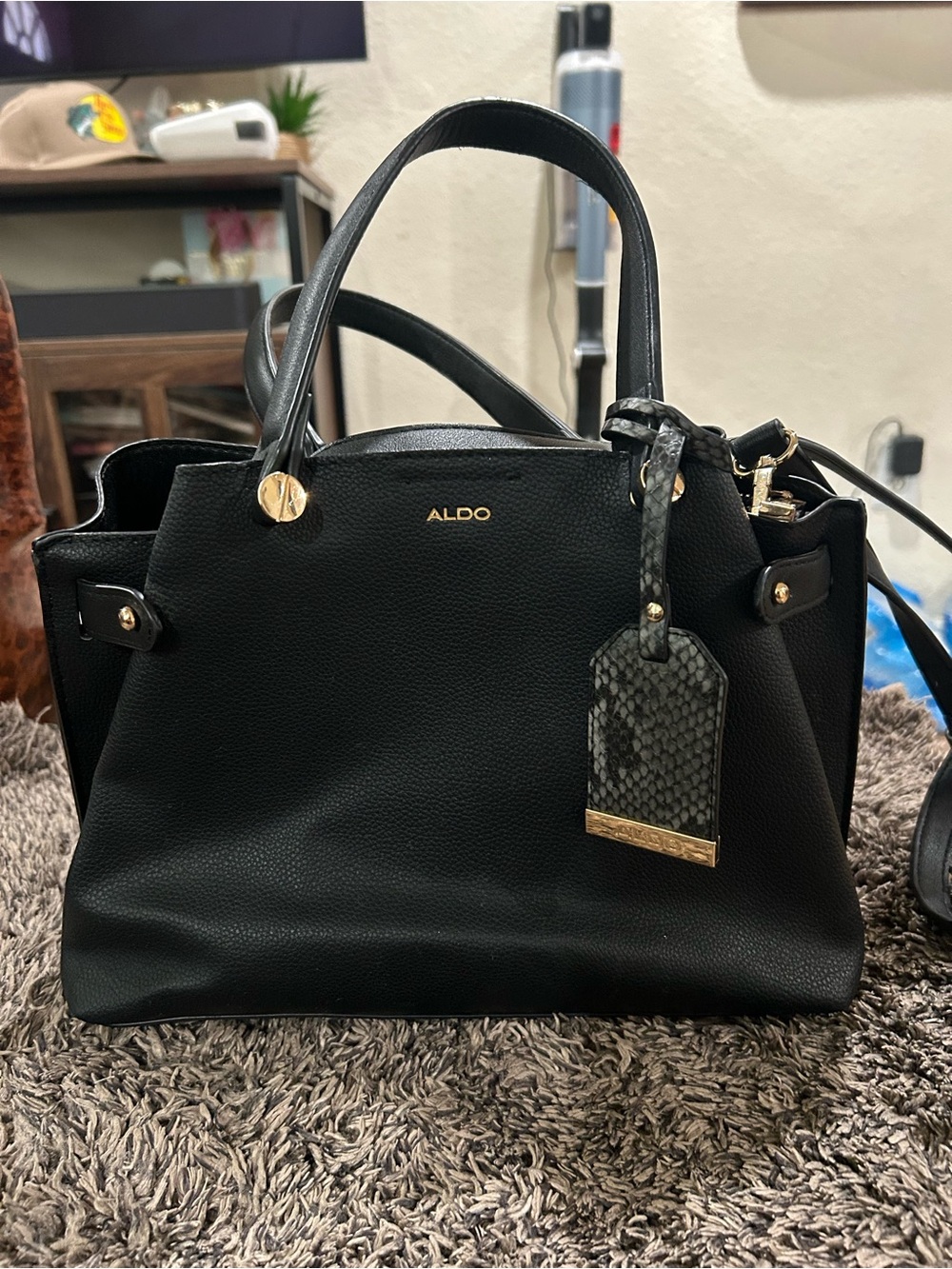 ALDO Black Structured Tote Bag with Snake-Texture Tag